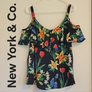 7th Ave Design Studio NY & Co. Bright Floral Ruffle Cold Shoulder Blouse. Sz: L